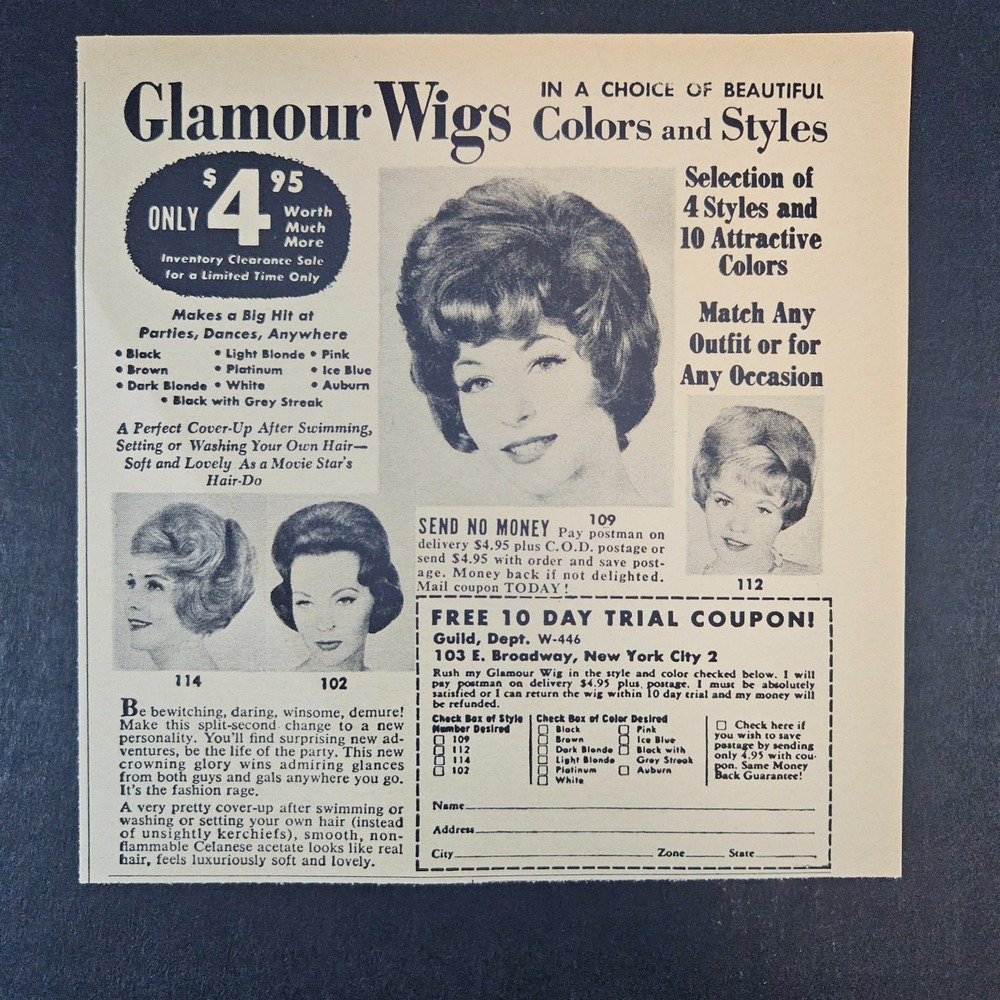 1964 Glamour Wigs Vintage Print Ad Bewitching Daring Winsome Demure Soft Lovely
